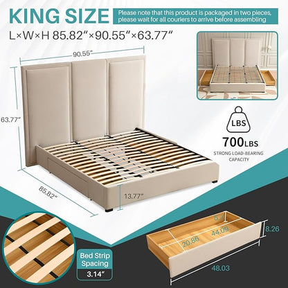 YUHUASHI King Size Bed Frame with 64-inch High Headboard, Simple and Airy Linen Upholstered Platform Bed with Storage Drawers, Wood Slat, No Noise (Beige, King)