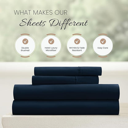 Linen Market Brushed Microfiber Queen Sheet Set 4 Piece – Oeko-TEX Certified Ultra Soft & Wrinkle-Free - 16" Deep Pocket Sheets - Easy Care Queen Size - Navy