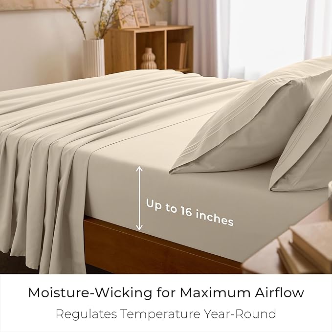 Mellanni California King Sheet Set - 6-Piece Iconic Collection Bedding, (Including 4 Pillowcases), 16-Inch Deep Pocket, Easy Care, Extra Soft, Cooling Sheets, Brushed Microfiber - Beige