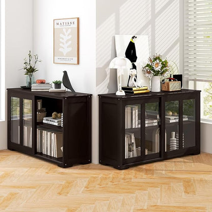 Costzon 2-Pack Wooden Kitchen Storage Cabinet with Adjustable Shelf, Sliding Glass Doors, Accent Coffee Bar Cabinet Console Table for Living Room, Dining Room, Hallway