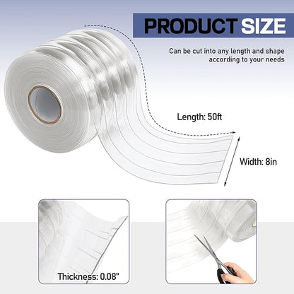 Moukeren Plastic Door Curtain for Winter 50 ft x 8 Inch Thermal Insulated Garage Door Strip Curtains Smooth Waterproof Clear PVC Strip Curtain for Warehouse Freezer, 0.08" Thickness(Striped)