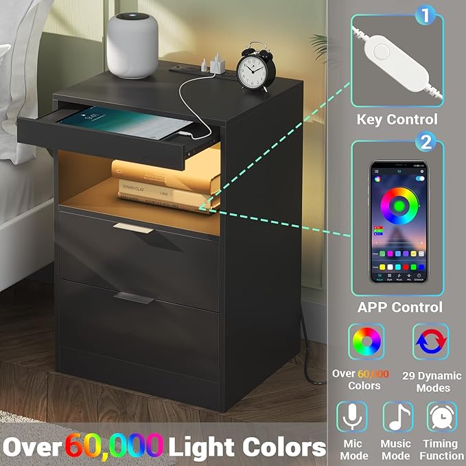 Tiptiper Black Nightstand Set of 2, LED Nightstand with Wireless Charging Station, Night Stand with Drawers & Pull-Out Shelf, Modern Bedside Table with Storage, End Table Side Table
