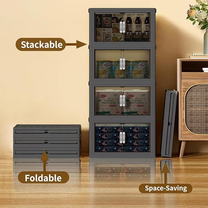 Stackable Storage Bins with Lids Open Front, 155Qt Large Plastic Foldable Containers for Clothes, 3 Pack Multifunctional Collapsible Storage Boxes for Home, Pantry, Office (S, Gray 3-Tier)