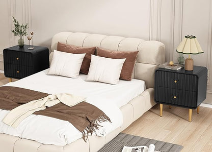 HLR Modern Nightstand, Fluted Bed Side Table with 2 Drawers Storage, Wood End Table with Gold Metal Handle, Black Night Stands for Bedroom