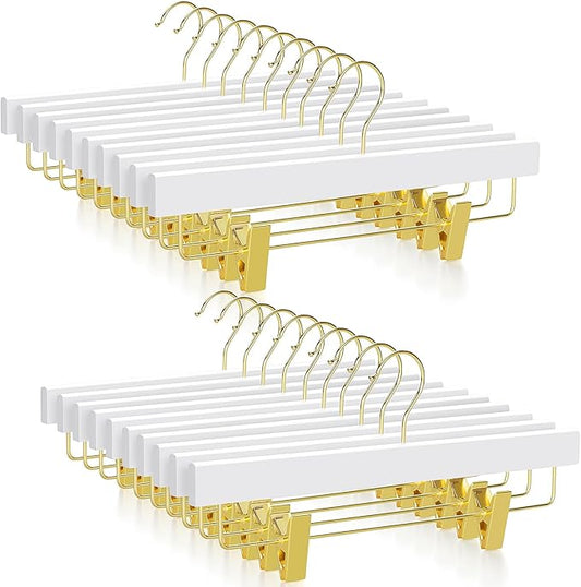 TOPIA HANGER White Wooden Pants Hangers with Gold Clip, 20 Pack Skirt Short Trousers Jeans Slacks Hangers with 360 Swivel Hook and Adjustable Clip with Rubber Padded for Closet, CT50WG20