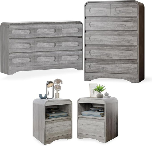 4 Piece Bedroom Set, Dresser and Nightstand Sets, Including Modern Wooden Large 9 Drawers Dresser and Tall 6 Drawer Dressers & Night Stand Set of 2 for Bedroom, Grey