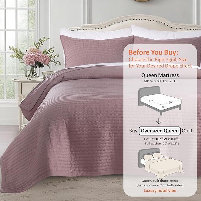 Oversized Queen Quilt Set 102"x106" – Soft Washed 3-Layer Lightweight Bedspread, Minimalist Nordic Design, All-Season Spring & Summer Quilt Set (1 Quilt + 2 Pillow Shams),Twilight Mauve Purple