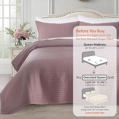 Oversized Queen Quilt Set 102"x106" – Soft Washed 3-Layer Lightweight Bedspread, Minimalist Nordic Design, All-Season Spring & Summer Quilt Set (1 Quilt + 2 Pillow Shams),Twilight Mauve Purple