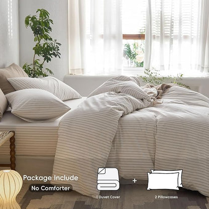 MooMee Striped Duvet Cover Set 100% Washed Cotton Linen Like Textured Breathable Durable Soft Comfy (White Tannish Linen Grey Wide Stripes, Super Queen 90"x98")