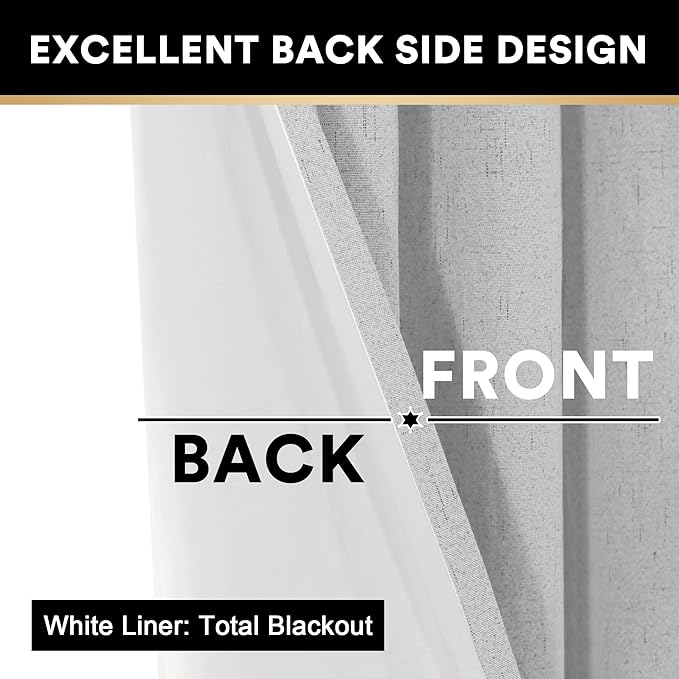 PrinceDeco 100% Blackout Curtains for Bedroom Linen Drapes 108 Inches Long Extra Wide Thermal Sliding Glass Door Curtain Room Divider Sound Proof Curtain for Bedroom,W100 X L108 Inch,Glacier Gray