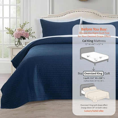 KASENTEX Oversized King Quilt Set 112"x106" – Soft Washed 3-Layer Lightweight California King Bedspread, Minimalist Nordic Design, All-Season Quilt Bedding (1 Quilt + 2 Pillow Shams), Dress Dark Blue