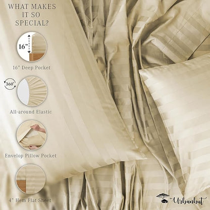 URBANHUT 800 Thread Count 100% Cotton Damask Queen Size Sheets, 4 Piece Striped Queen Size Bedsheets, Luxury Hotel Sheets Sateen Weave - Better Than Egyptian, 16" Elasticized Deep Pocket- Sand