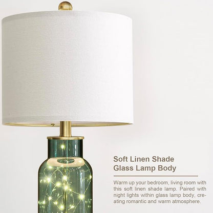 Oneach 22" Glass Table Lamps Set of 2, Green Modern Bedside Lamp with LED Night Light for Living Room, Nightstand Lamp with USB Ports for Bedrooms, Study Room, End Table(2 Bulbs Included)