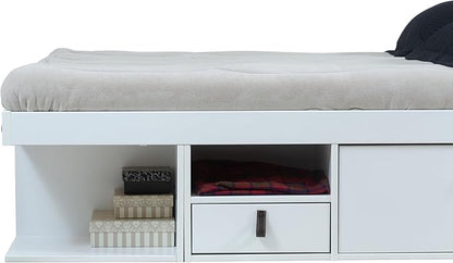memomad Bali Slim Set: Storage Platform Bed with Drawers + Flat Panel Headboard (King Size, White Wood)