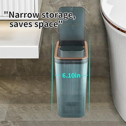 Transparent Trash Can, Bathroom Trash Cans with Lids, 2.6 Gallon Garbage Can for Bedroom, Office, Plastic Slim Waste Basket with Press Top Lid, 10L Clear Trash Bin for Home, Kitchen (Blue)