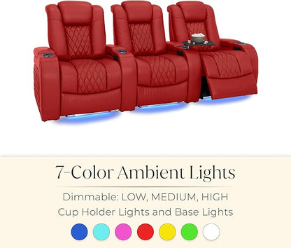 Seatcraft Diamante Zero-Gravity CoolZero Italian Leather Home Theater Seating, Power Headrest, Power Recline, Row of 3 Left Loveseat, Red