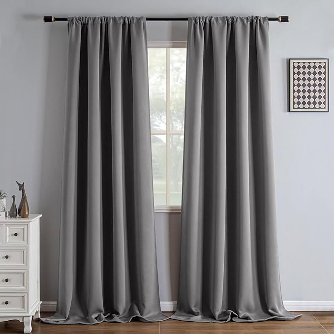 Blackout Curtains 96 Inch Length 2 Panels Set, Black Out Curtains for Bedroom 96 Inch Long, Rod Pocket Energy Saving Room Darkening Drapes for Living Room Window Light Grey(W52 x L96)