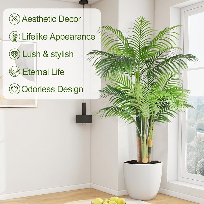 5ft Tall Triple Golden Cane Palm Artificial Tree Large Tropical Palm Tree UV Resistant Fake Plant in Pot for Indoor Outdoor Big House Living Room Outside Patio Office Home Decor 1Pack