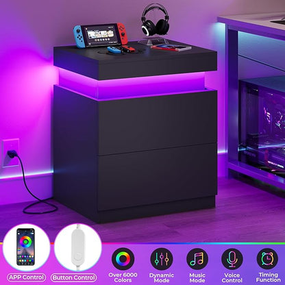 ADORNEVE Black Nightstand with Charging Station and LED Lights,Night Stand with Sliding Top,Bedside Table with Drawers,Modern End Side Table for Bedroom