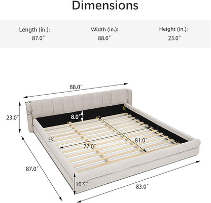 DEINPPA King Size Bed Frame with Cloud Soft Headboard, Chenille Upholstered Grounded Wood Base Bed Frame, No Box Spring Needed-Beige