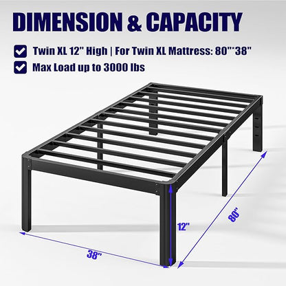 Hunlostten 12" Twin XL Heavy Duty Bed Frame No Box Spring Needed, Metal Twin XL Platform Bed Frame with Round Corners, Easy Assembly, Noise Free, Black