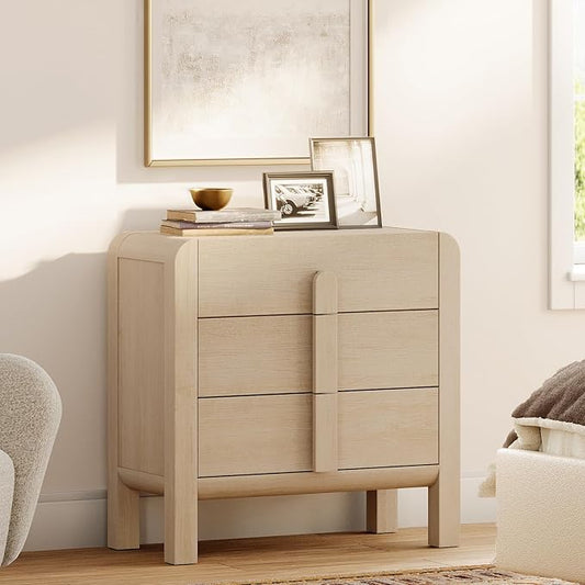 WAMPAT 3 Drawer Dresser for Bedroom,31.5" Wide Mid Century Modern Wide Chest of Drawer, Wood Tall Nightstand with Curved Edge Handles, Closet Dresser TV Stand for Bedroom, Beige