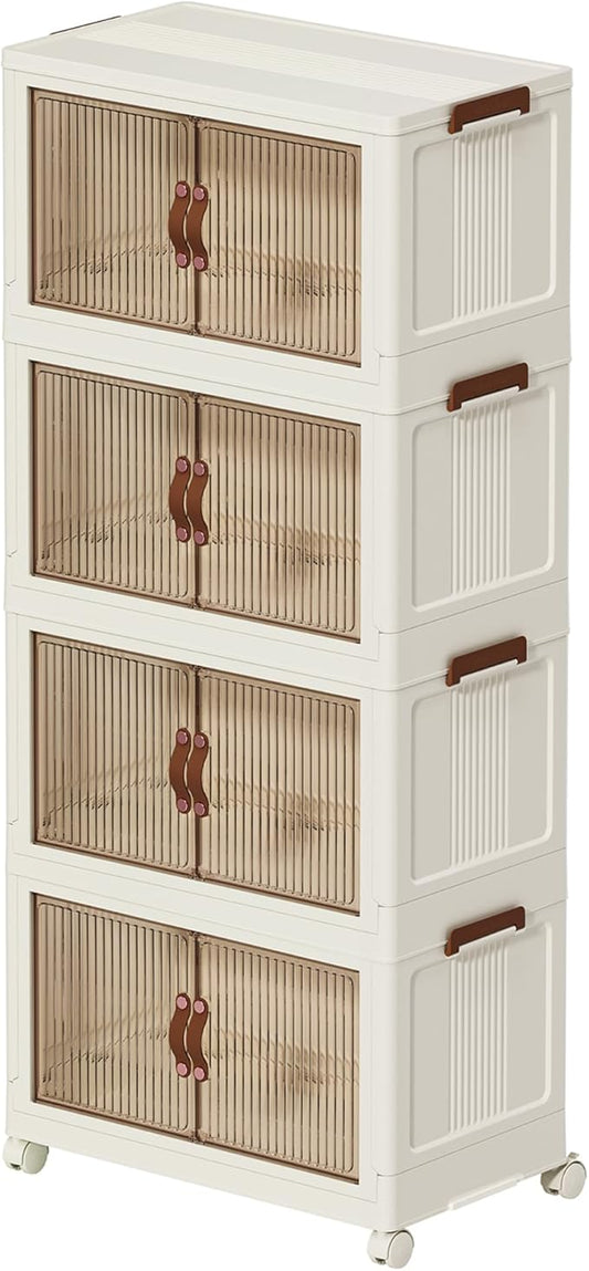 130 QT Large Plastic Storage Bins with Lids Open Front, Stackable Storage Containers with Wheels for Clothes, Home, Room, White, 4 Tiers