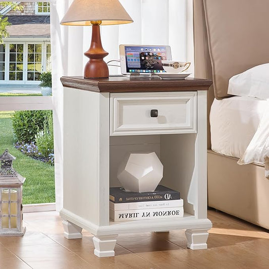 SAVOR LIFE Farmhouse End Tables Living Room with Drawer, Rustic Wood Nightstand with Charging Station, Bedside Table with Open Shelf for Bed Room, Living Room, White
