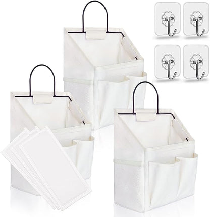Kanrichu 3pcs Small Wall Hanging Organizer Bag, Linen Fabric Door Hanging Storage Basket with Pockets, Waterproof Bin for Kitchen, Bedroom, Office, RV Camper (White)