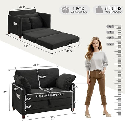 51" Loveseat Sleeper Sofa Bed, Corduroy Convertible Floor Sofa Bed for Small Spaces, Folding Couch Bed with Deep Seat, 2 Pillows & Solid Frame, Pull Out Floor Couch for Living Room, Black