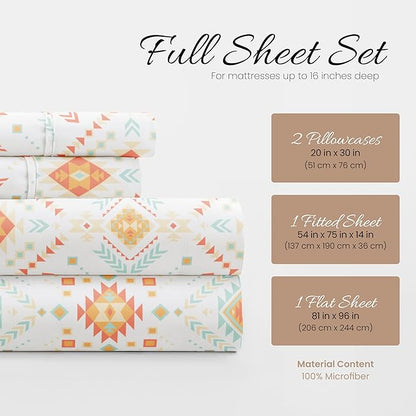 Linen Market Double-Brushed Patterned Microfiber Full Sheet Set 4 Piece – Oeko-TEX Certified Ultra Soft & Wrinkle-Free - 16" Deep Pocket Sheets - Easy Care Full Size - Aztec Dreams Coral