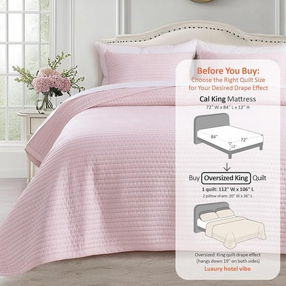 Oversized King Quilt Set 112"x106" – Soft Washed 3-Layer Lightweight California King Bedspread, Minimalist Nordic Design, All-Season Spring & Summer Quilt Set (1 Quilt + 2 Pillow Shams), Pink