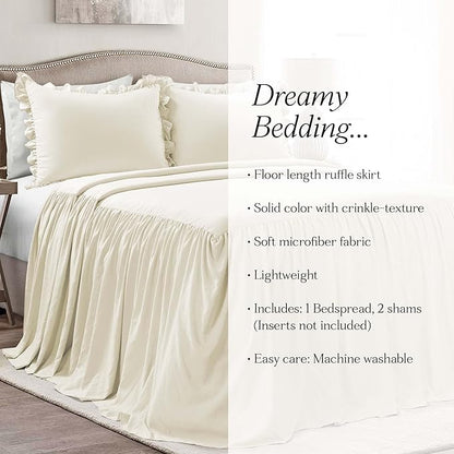 Lush Decor Ruffle Skirt Bedspread Set - 3 Piece Luxurious Farmhouse Bedding Set - Elegant, Charming Ruffle Detail - Timeless Style & Classic Design - Soft and Lightweight - Full, Ivory