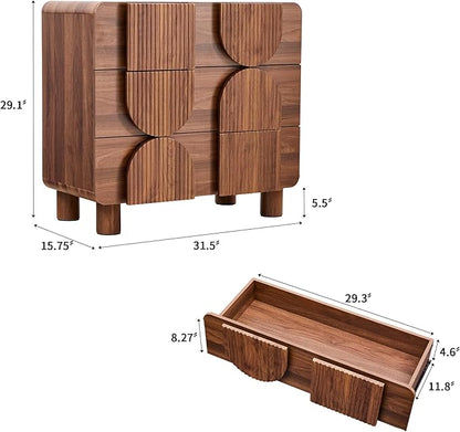 3 Drawer Dressers for Bedroom, 31.5" Wide Large Mid Century Modern Fluted Nightstand 2 Sets, Wood Dresser & Chest of Drawers with Curved Profile for Living Room, Entryway, Hallway Walnut