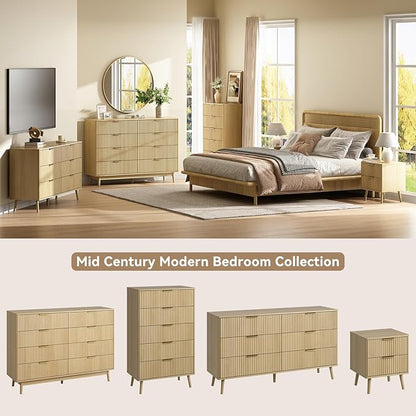 CARPETNAL Fluted 7 Drawer Dresser for Bedroom, 55" Wide Wooden Chest of Drawers with Rounded Corners, Gold Handles, Modern Storage Organizer for Bedroom, Hallway(Oak)