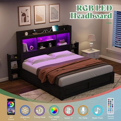 AMERLIFE Queen Bed Frame with 4 Storage Drawers, LED Bed Frame with 49.6" Tall Bookcase Headboard, Wood Platform Bed with Charging Station & 2 Slide Bedside Shelf, No Box Spring Needed/Black
