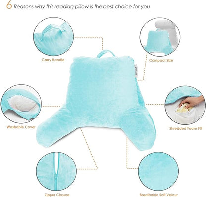 Nestl Reading Pillow with Shredded Memory Foam, Designed for Sitting Up in Bed and Couch, Back and Arms Adjustable Support for Adult & Teens Backrest Pillows for Reading with Washable Cover Light Blue