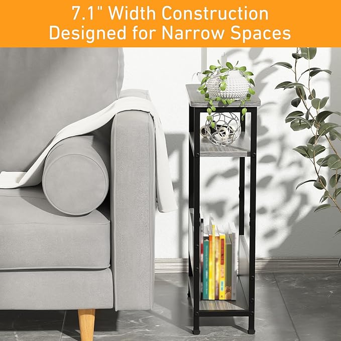 7.1" Narrow Side Table for Small Spaces, 3 Tier Small End Table with Magazine Holder, Slim/Skinny Nightstand/Bedside Table for Living Room, Bedroom, 15.4" L x 24.2" H, Gray