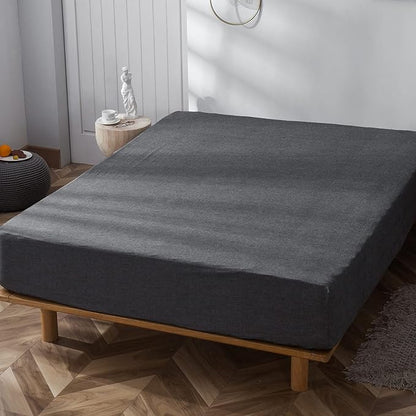 MooMee Fitted Bottom Sheet Only 100% Washed Cotton Linen Like Textured Breathable Durable Soft Comfy Deep Pocket Fits Mattress up to 17" (Dark Grey, Twin)