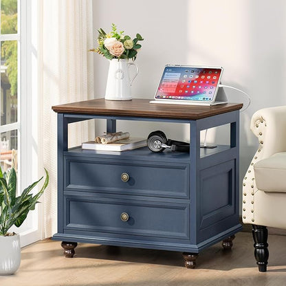 Farmhouse Nightstand Set of 2 with Charging Station, 24" Wide End Table with 2 Drawers,Wood Dresser for Bedroom,Bed Side Table Chest of Drawers Cabinet,Navy BlueNight Stand for Living Room