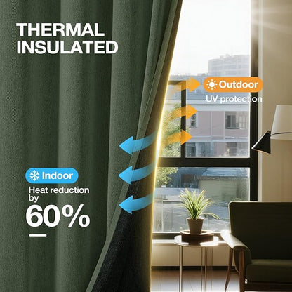 100% Blackout Curtains 84 Inch Length 2 Panels Set for Bedroom/Living Room, Grommet Linen-Look Textured Light Blocking Room Darkening Energy Saving Thermal Insulated Drapes (W52xL84, Olive)