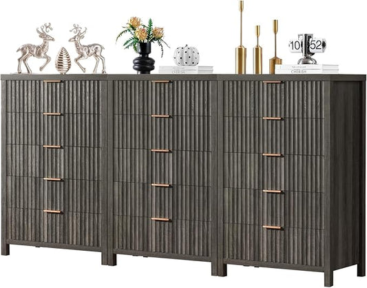 5 Drawers Dresser for Bedroom, 44 Inches Tall Modern Bedroom Dressers, Chest of Drawers for Bedroom, Fluted Dresser for Closet Organizer for Living Room, Hallway, Entryway (Midnight Oak, 3 Pieces)