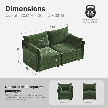 ABCASA Oversized Loveseat Sofa, Modern Modular Sectional Couch Green Fluffy Chenille Mid Century 2-Seat 24.5" Deep Seat for Apartment, Living Room, Bedroom