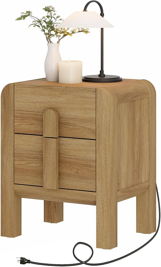 WAMPAT 23.7" Tall Modern Nightstand with Charging Station,Wood Bedside Table w/2 Storage Drawers,Curved Profile Design,Sofa Side Table End Table for Bedroom, Light Walnut