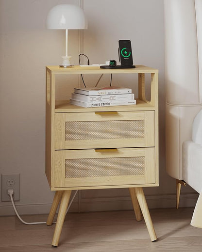 Rattan Nightstand with Charging Station,Farmhouse Bedside Table with 2 Storage Drawer and Open Wood Shelf, for Bedroom and Small Spaces,Night Stand with Solid Wood Legs (Yellow Oak-Outlet)