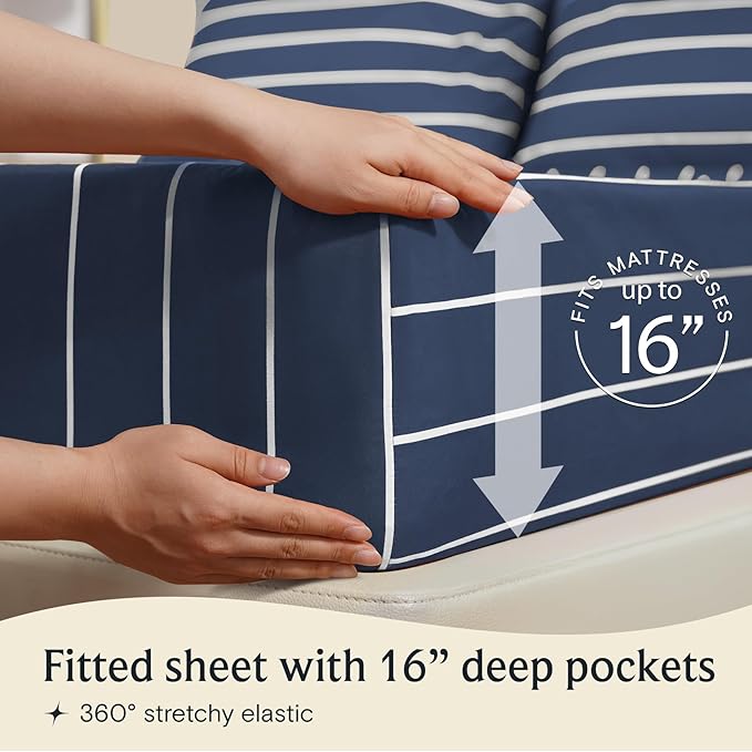 LuxClub 4 PC California King Sheet Set, Deep Pockets Wrinkle Free Cooling Bed Sheets Hotel Bedding for Women, Men, Includes 1 Fitted Sheet, 1 Flat Sheet and 2 Pillowcases-Striped - Navy