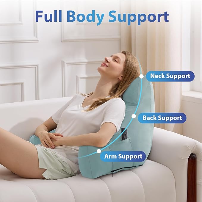 IPYNBAP Back Pillow for Bed Sitting up, Reading Pillow for Sitting in Bed Adult, Back Support Pillow, Memory Foam Sit up Lounge Backrest Pillow with Arms for TV, Couch, Chair, Dorm, 18 Inch, Lake Blue