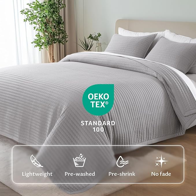 KASENTEX Queen XL Quilt Set 98"x98" – Soft Washed 3-Layer Lightweight Bedspread, Minimalist Nordic Design, All-Season Spring & Summer Quilt Set (1 Quilt + 2 Pillow Shams), Gull