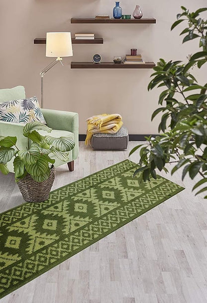 Custom Length Hallway Runner Rug,Slip Resistant,Southwestern Green, 26 Inch X 15 feet, Sold and Priced Per Foot
