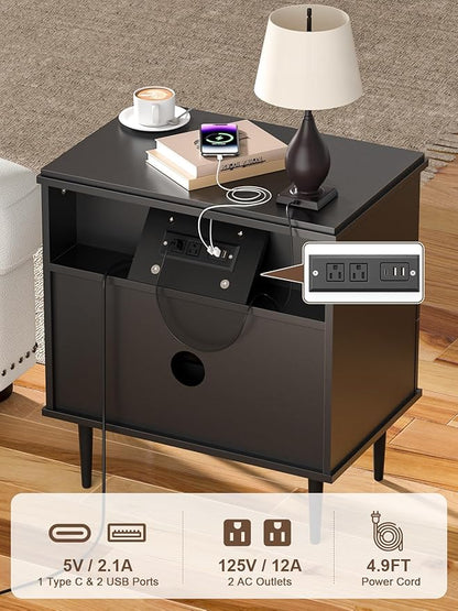 Nightstand with Charging Station, Wide Fluted Nightstand, Wood for Bedroom, Black Dresser with Storage Drawers, Bedside Table with Metal Handle & Leg (Black Set of 2, 23.3)
